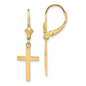 Polished Hollow Cross Lever Back Earrings in 14k Yellow Gold